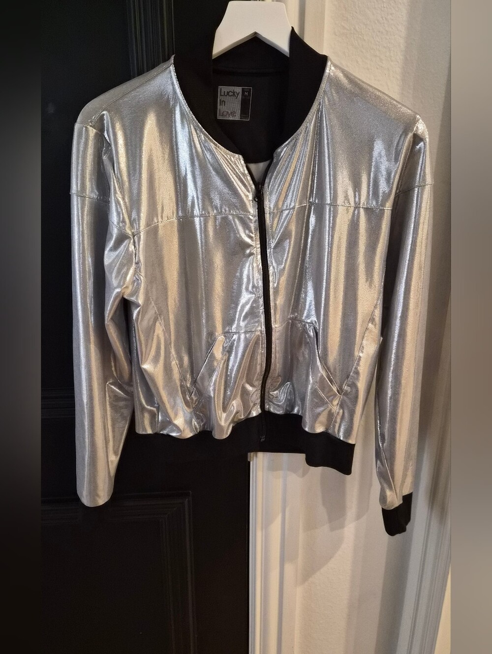 Lucky in Love Metallic Silver Bomber Jacket with Black Trim - Size Medium
